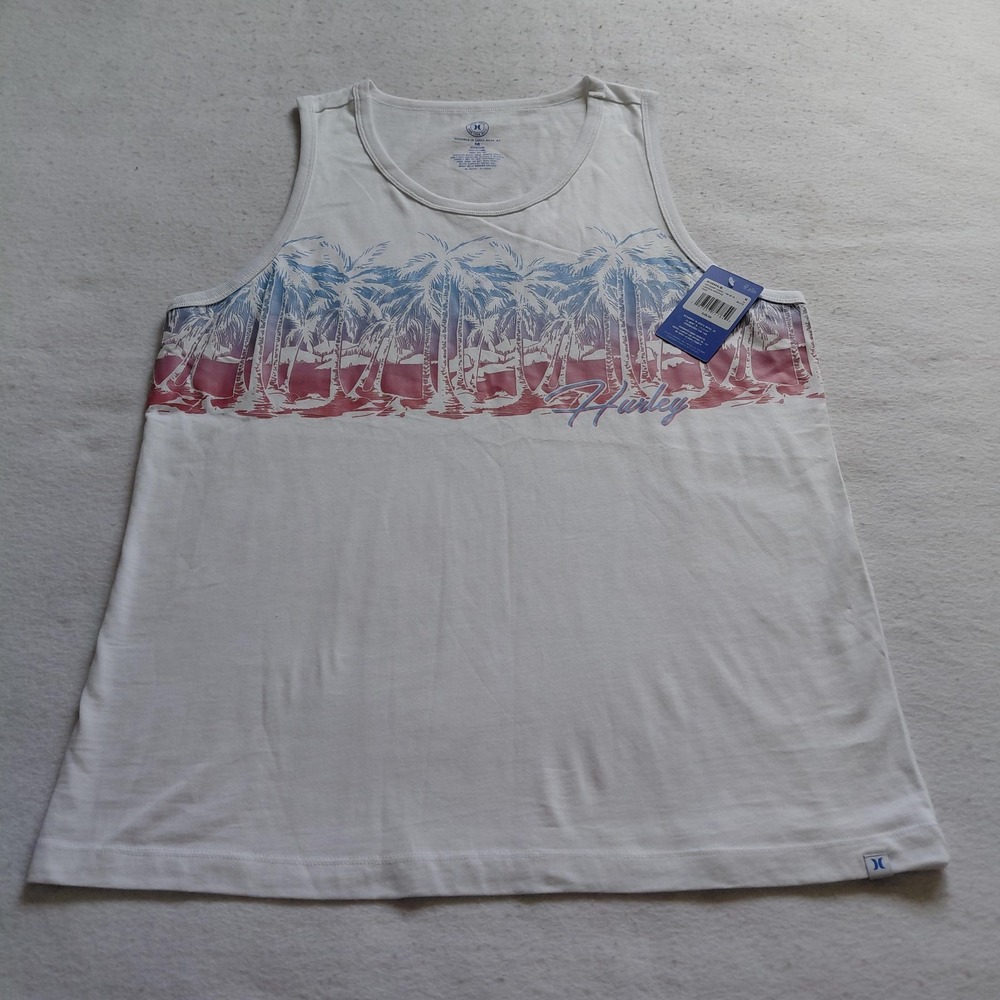 Hurley Tank Top Mens White Palm Tree Graphic Medium Lagoon Beach Sleeveless NWT